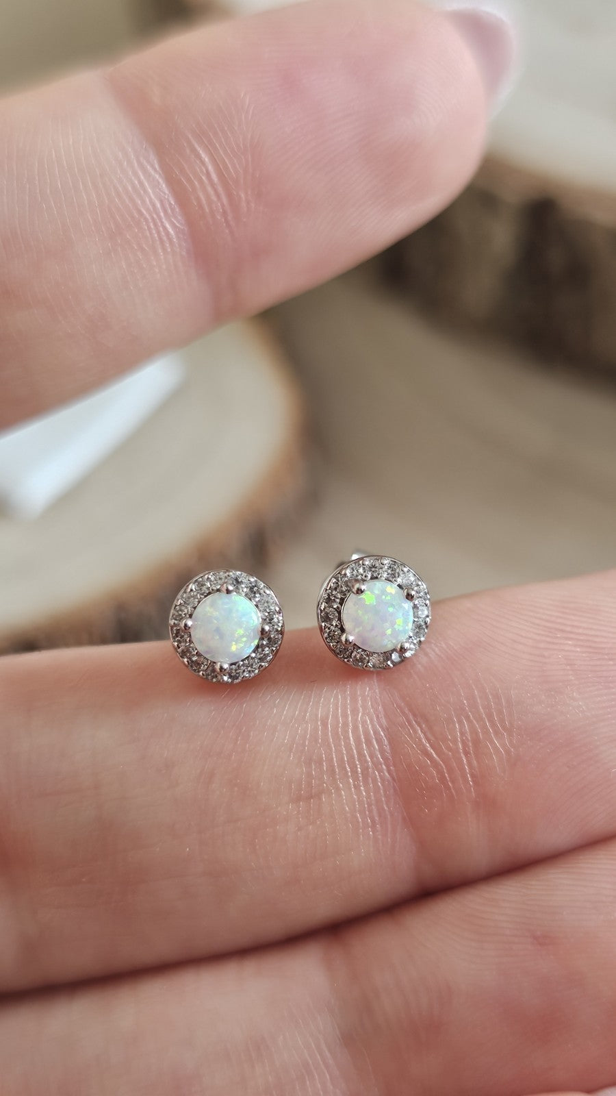 925 Sterling Silver White Opal CZ Halo Stud Earrings 6.6mm