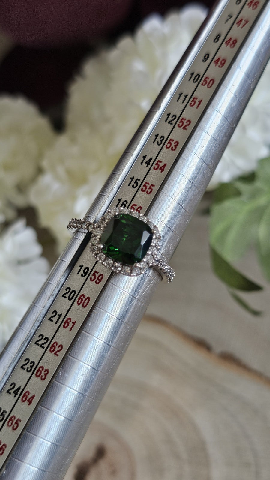 925 Sterling Silver Green CZ Halo Ring Size Q Cushion Cut 3.06g