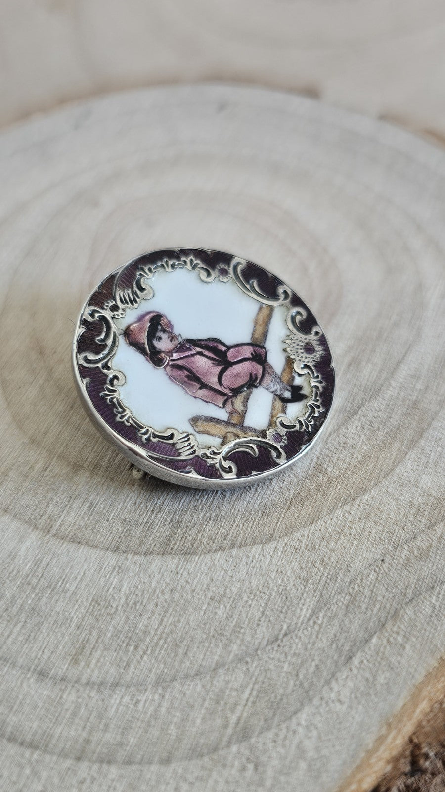Vintage Polish 800 Silver Enamel Portrait Brooch Warsaw 💜