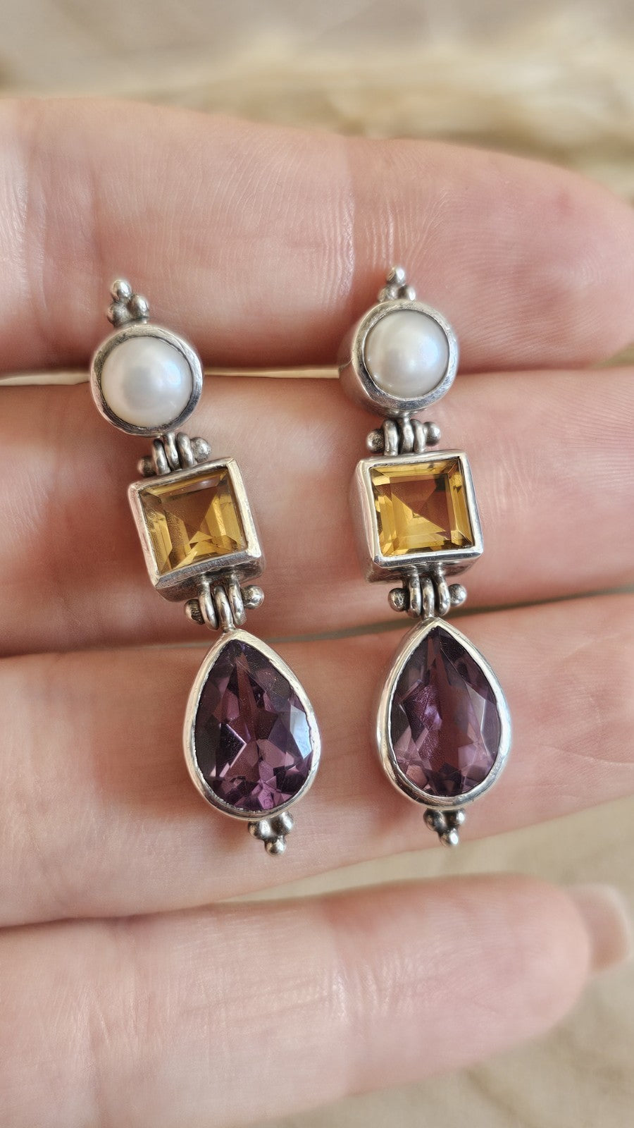 Vintage 925 Sterling Silver Pearl Citrine Amethyst Drop Earrings 12.12g