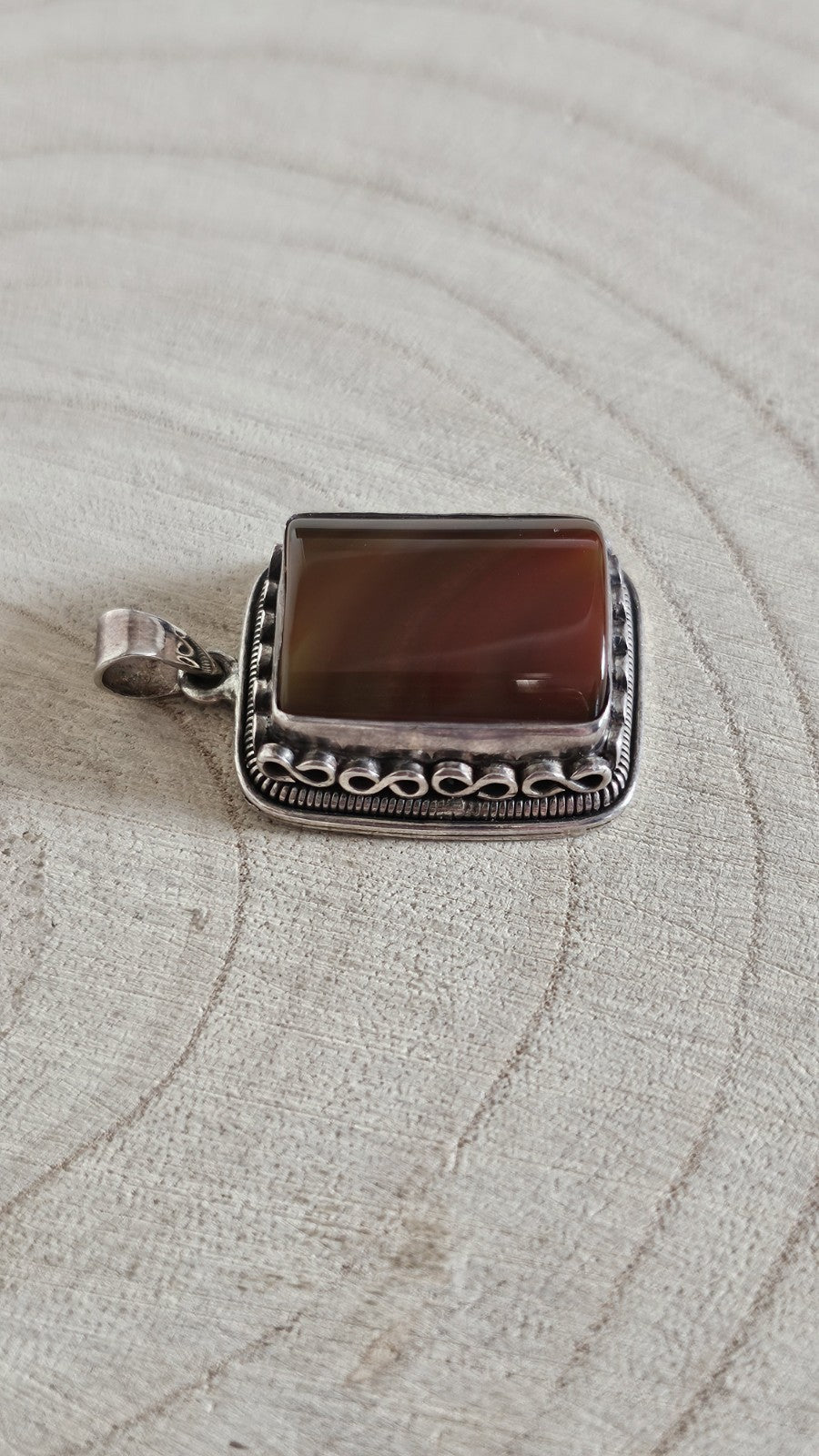 925 Sterling Silver Banded Agate Large Pendant Brown Gemstone 21g