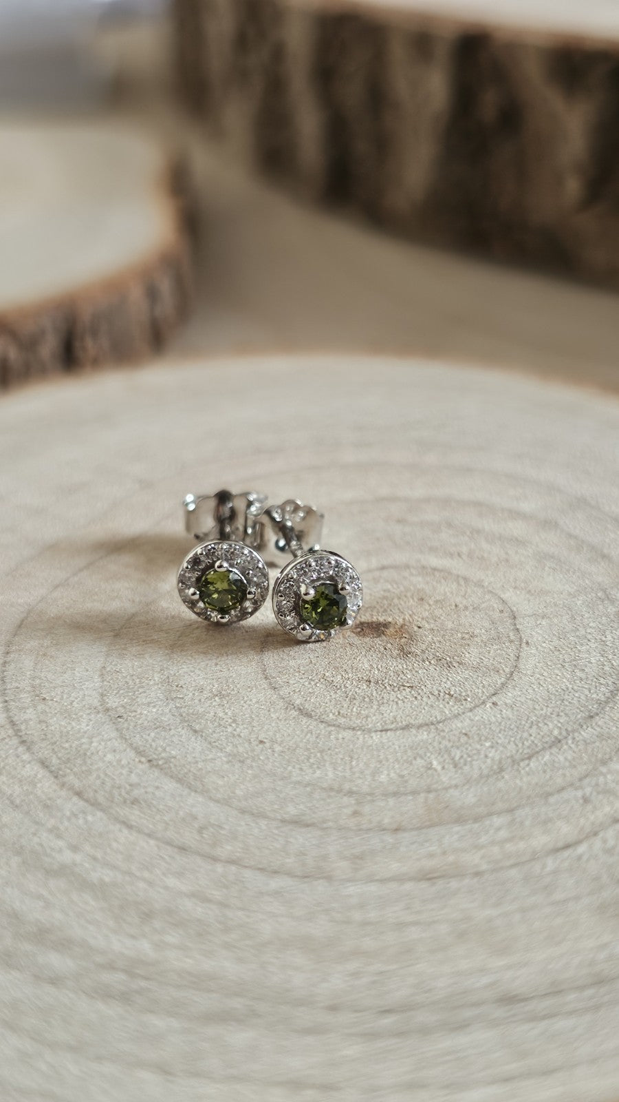 925 Sterling Silver Olive Green CZ Halo Stud Earrings 5.8mm , New Boxed