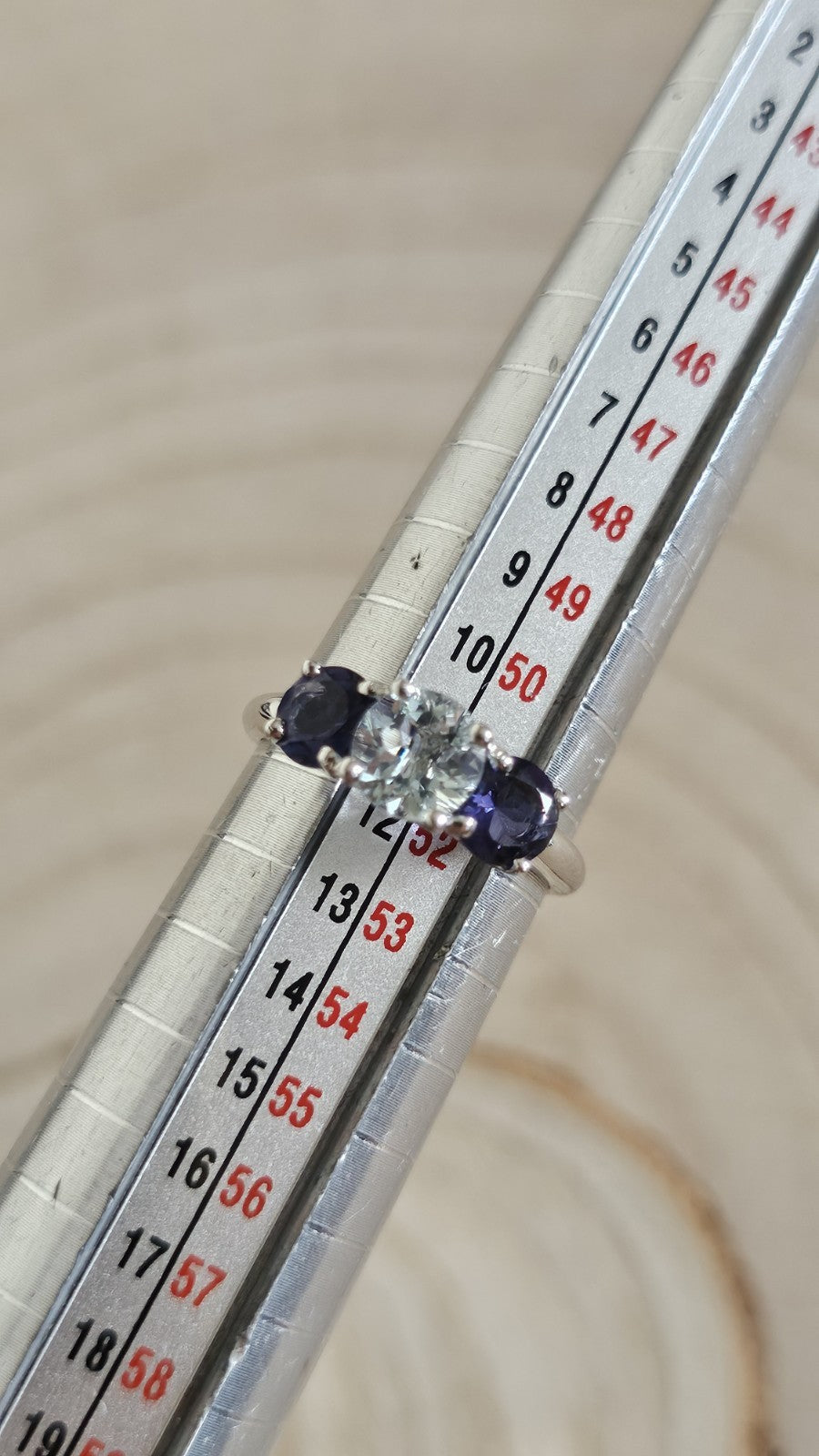 9ct White Gold Natural Aquamarine & Iolite Trilogy Ring Size L Hallmarked