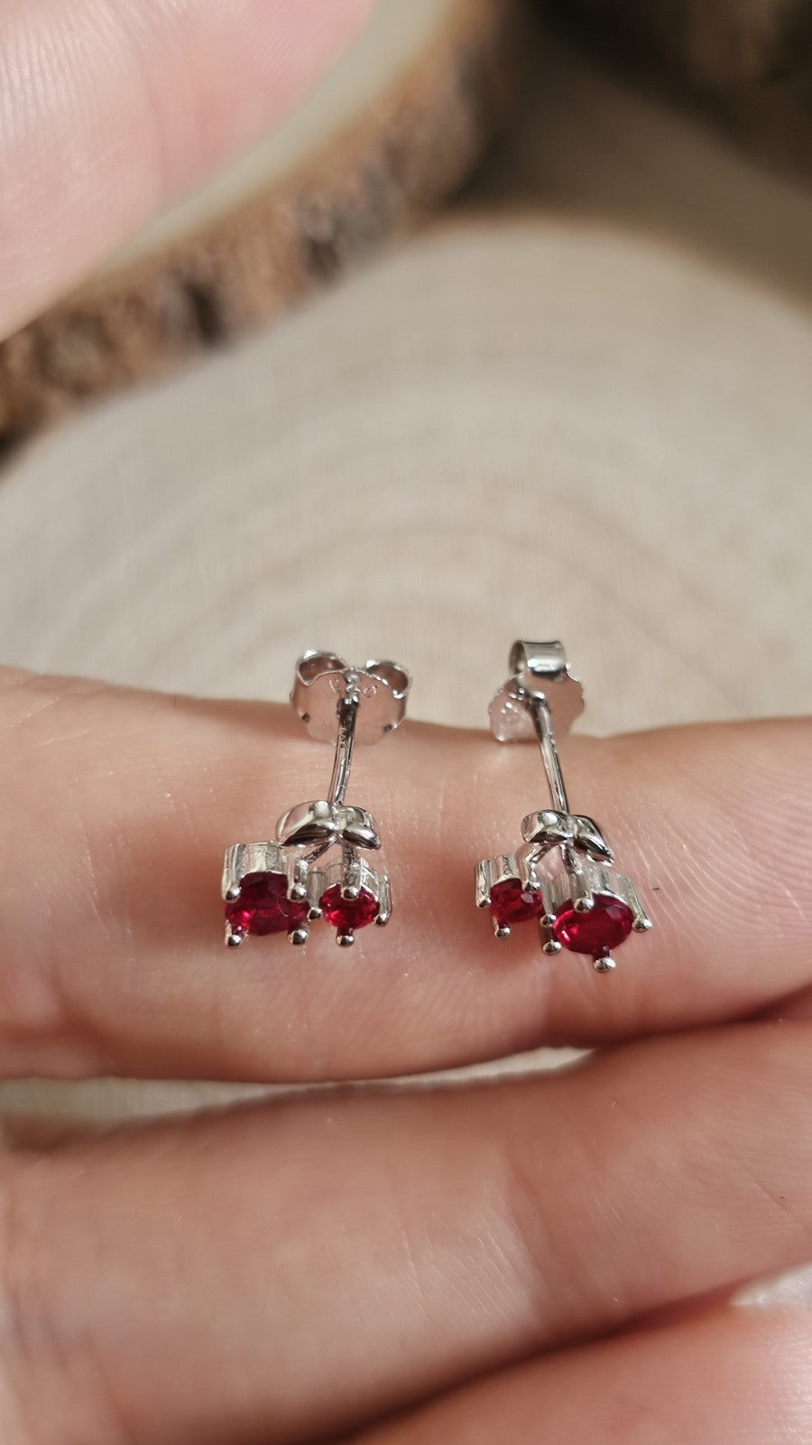 925 Sterling Silver Red Stone Cherry Stud Earrings Rhodium Plated 7.5mm
