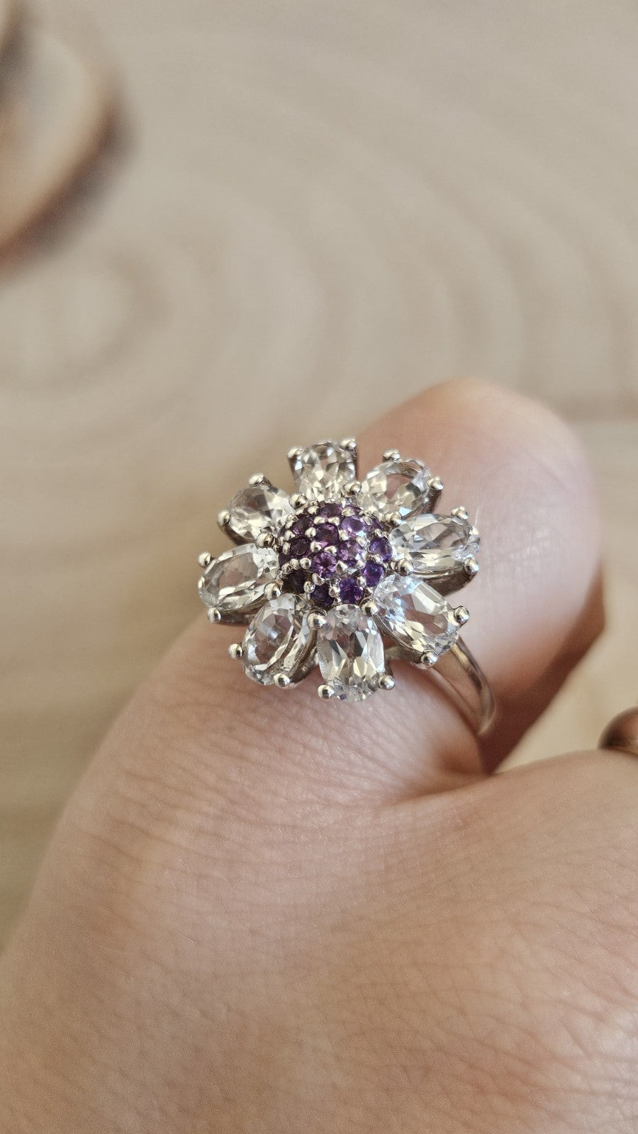 TGGC 925 Sterling Silver Amethyst & White Topaz Flower Ring Size R 1/2