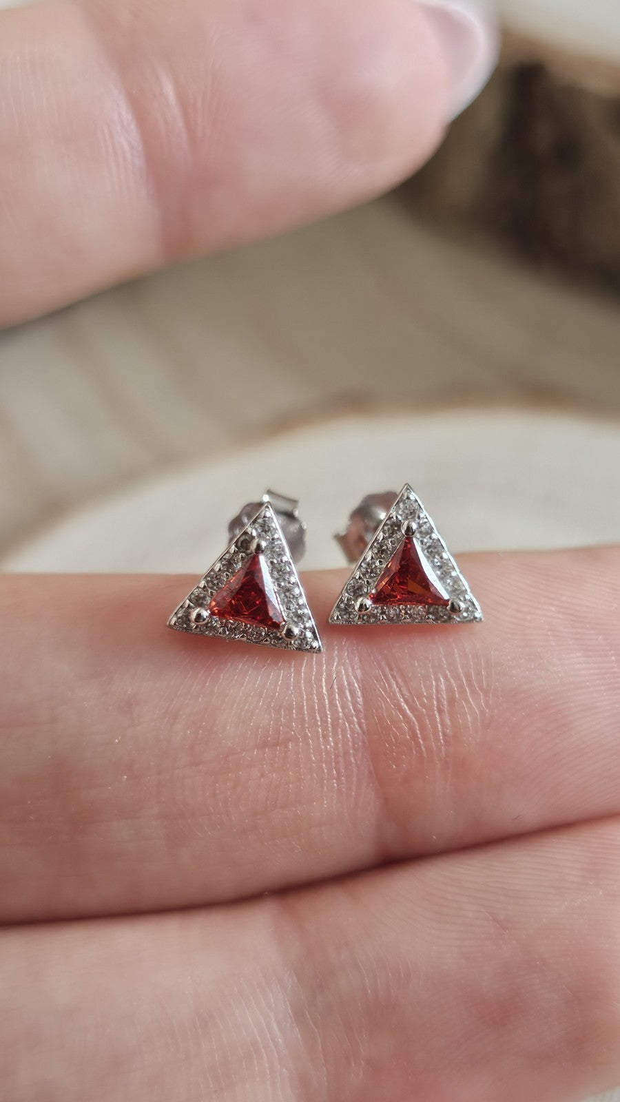925 Sterling Silver Garnet Red CZ Triangle Stud Earrings 8.78mm