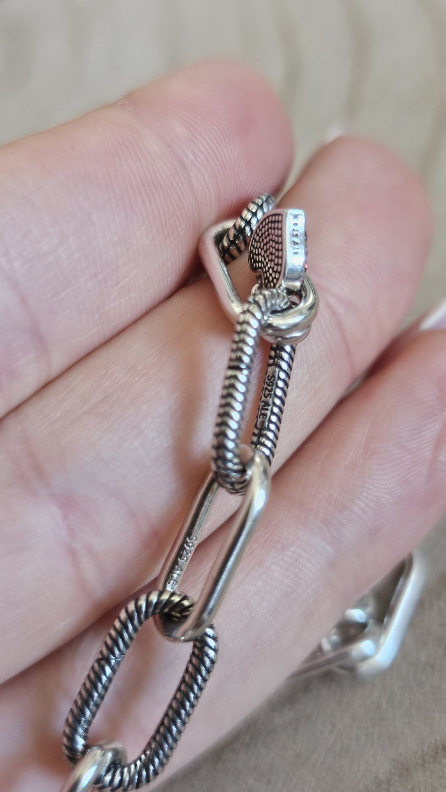 Pandora ALE 925 Sterling Silver Paperclip Chain Necklace Heart Charm 17.5"35.21g