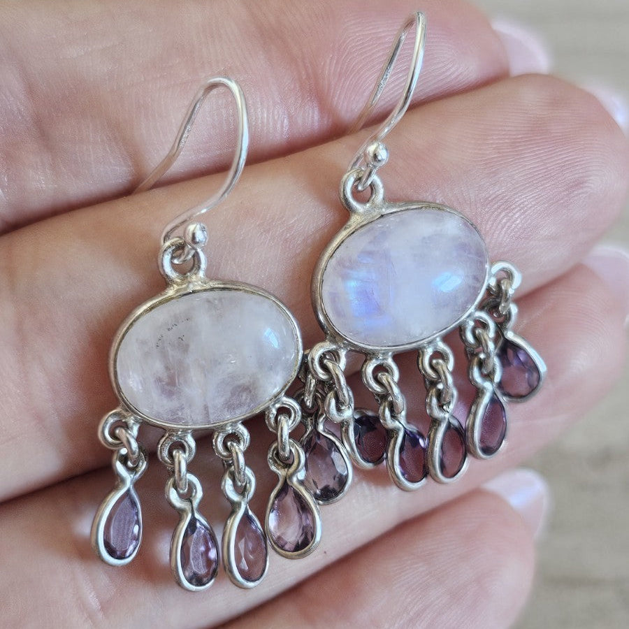 925 Sterling Silver Natural Moonstone & Amethyst Chandelier Drop Earrings