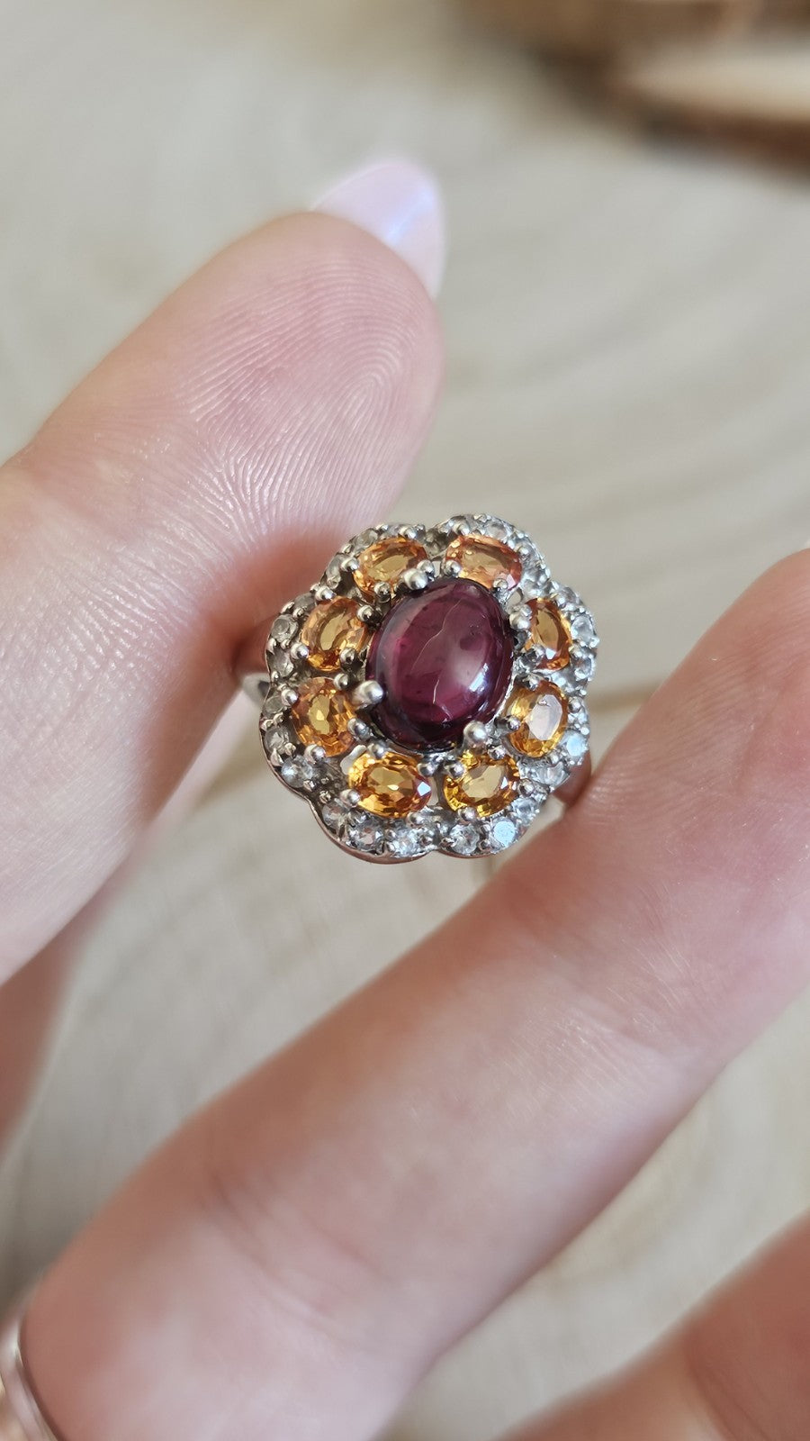 925 Sterling Silver Garnet ,Sapphire & Zircon Cluster Ring Size N 4.48g