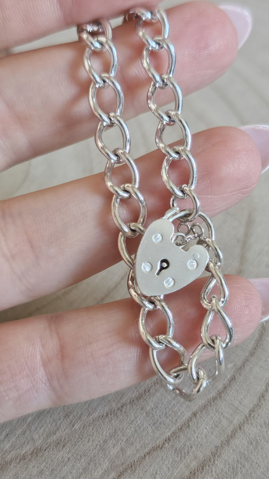 Vintage 1969 Sterling Silver Curb Bracelet Heart Padlock Hallmarked 14.38g