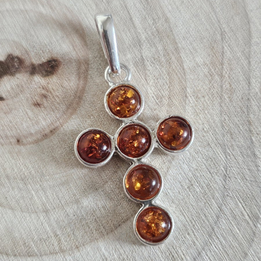 925 Sterling Silver Genuine Amber Cross Pendant Honey Cognac 37.7mm 3.10g