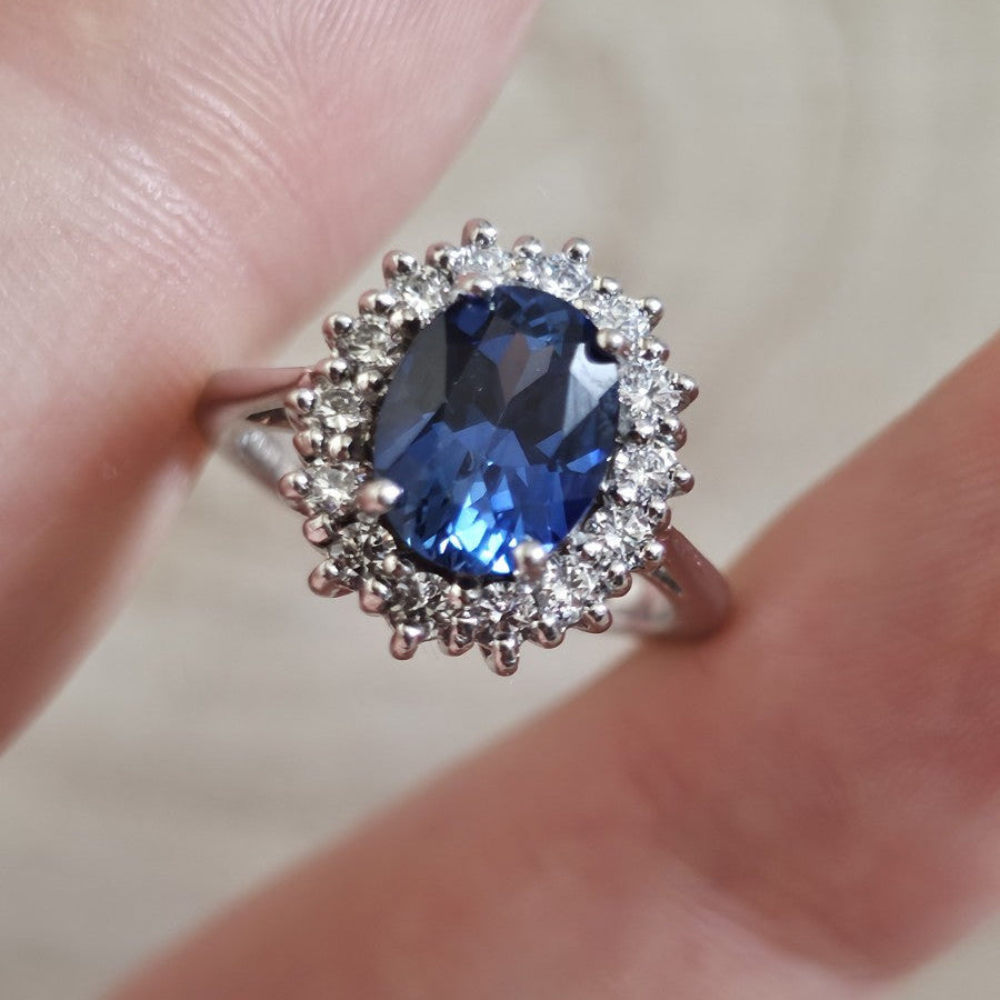 925 Sterling Silver Sapphire Blue CZ Halo Ring – Size K – Hallmarked 4.62g