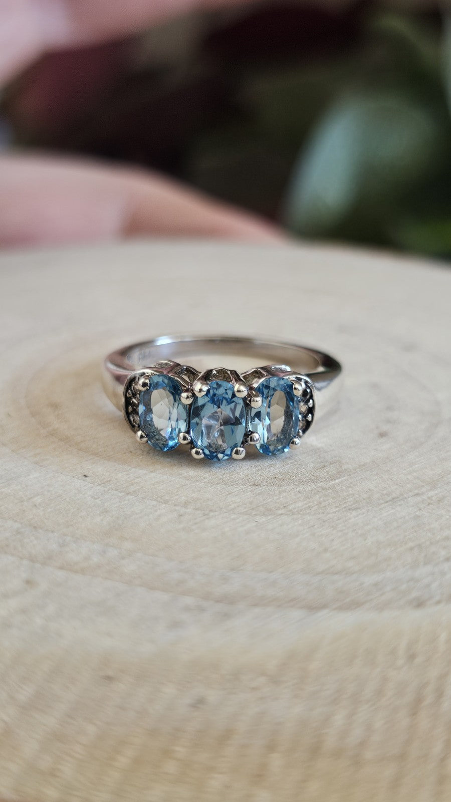 925 Sterling Silver Blue Topaz & Zircon Trilogy Ring Size L 1/2 TGGC
