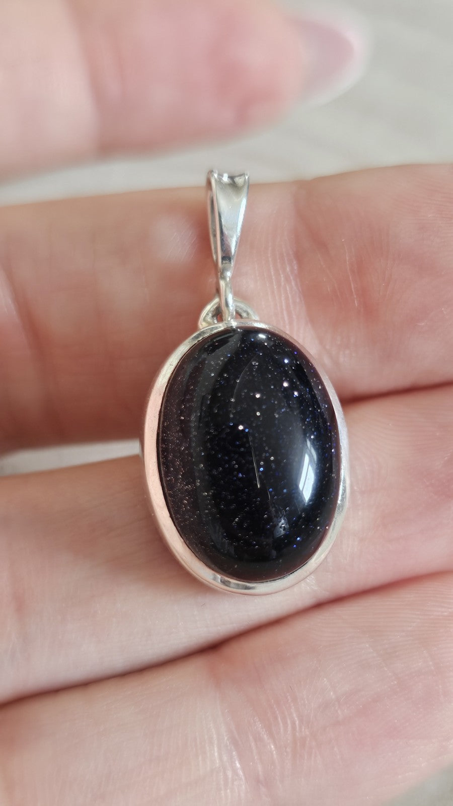 925 Sterling Silver Blue Goldstone Oval Pendant 6.40g , Length 31.63mm