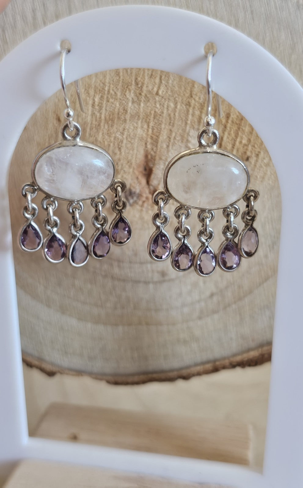 925 Sterling Silver Natural Moonstone & Amethyst Chandelier Drop Earrings