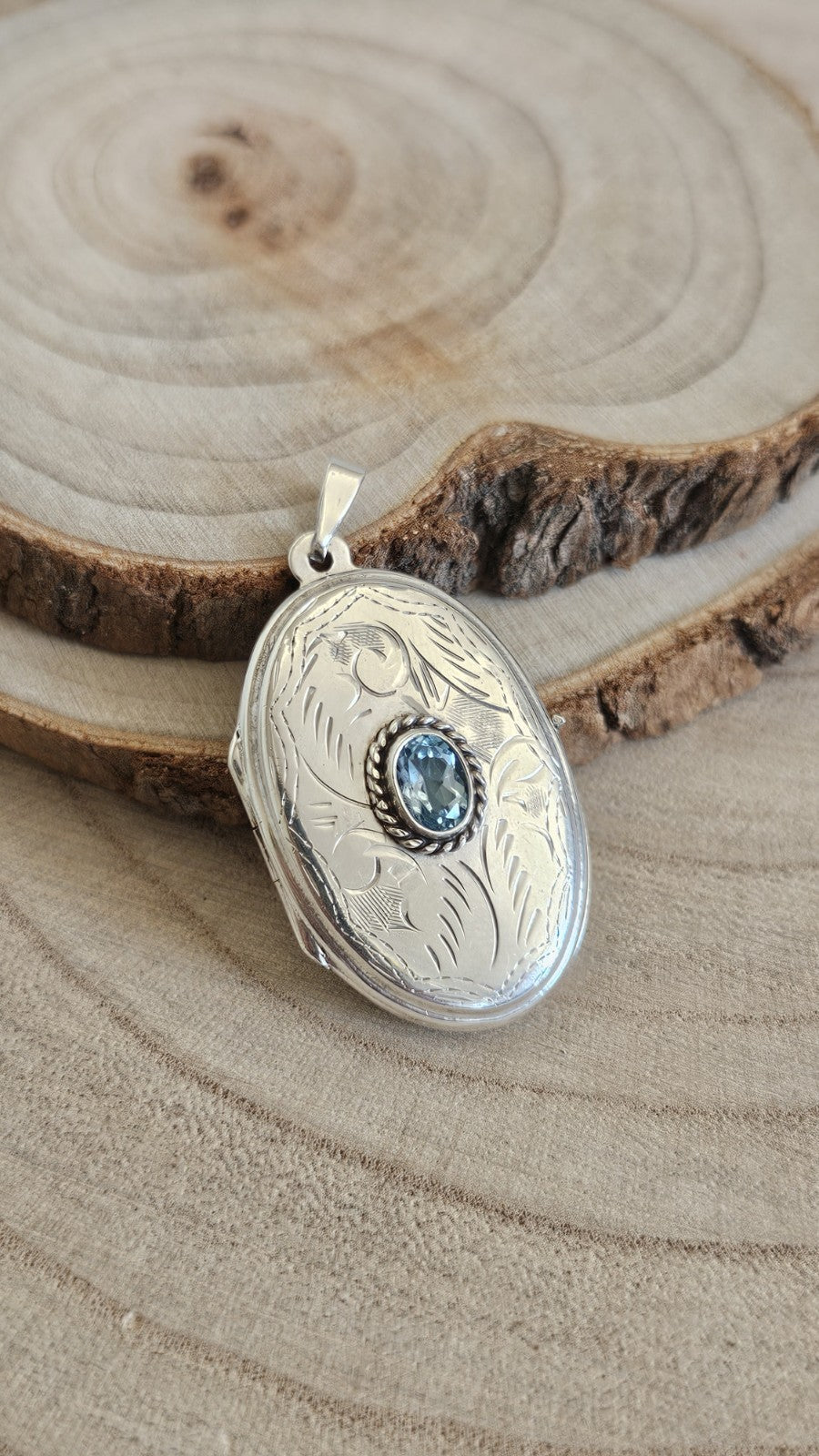 925 Sterling Silver Oval Photo Locket Pendant, Bezel Set Oval Blue Topaz Stone