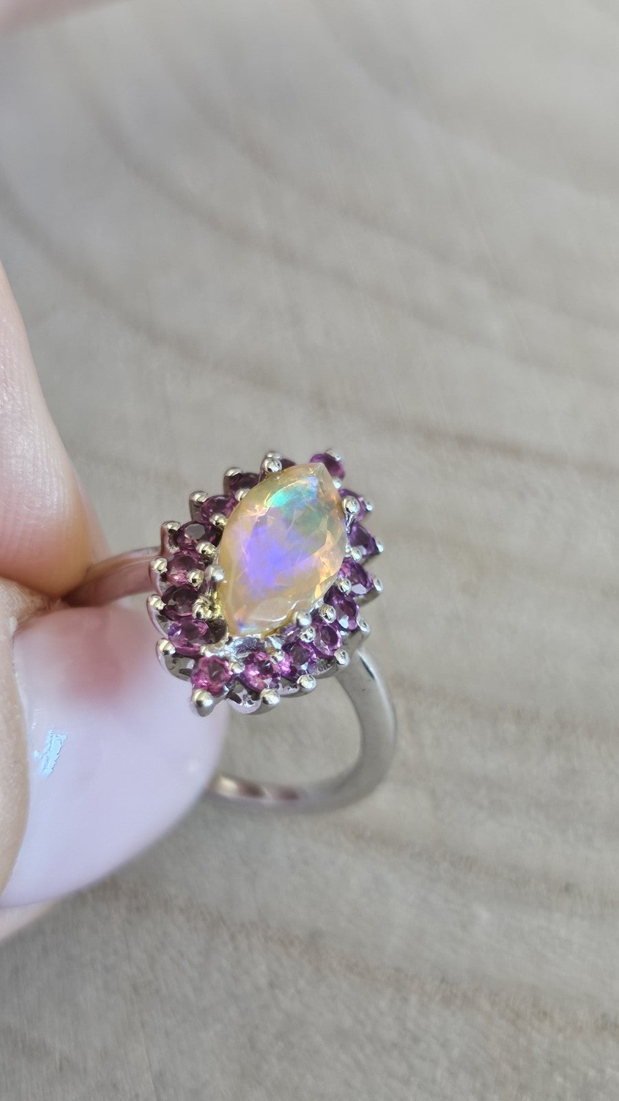 925 Sterling Silver Opal Rhodolite Garnet Halo Statement Ring Size N 1/2 3.90g