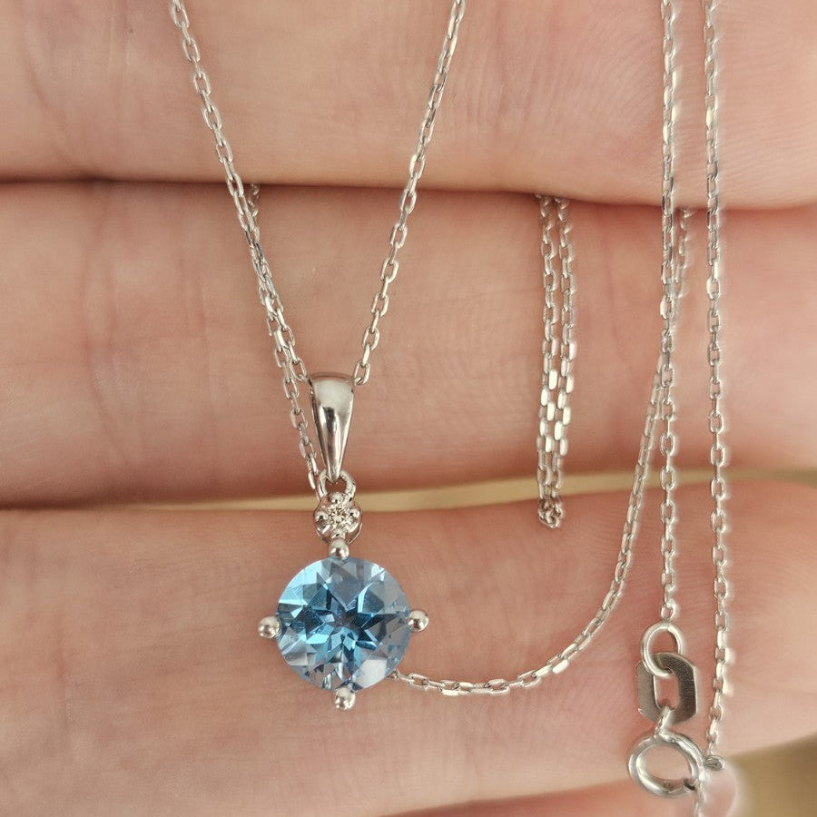 9ct White Gold Natural Blue Topaz & Diamond Pendant Necklace – 18 Inches