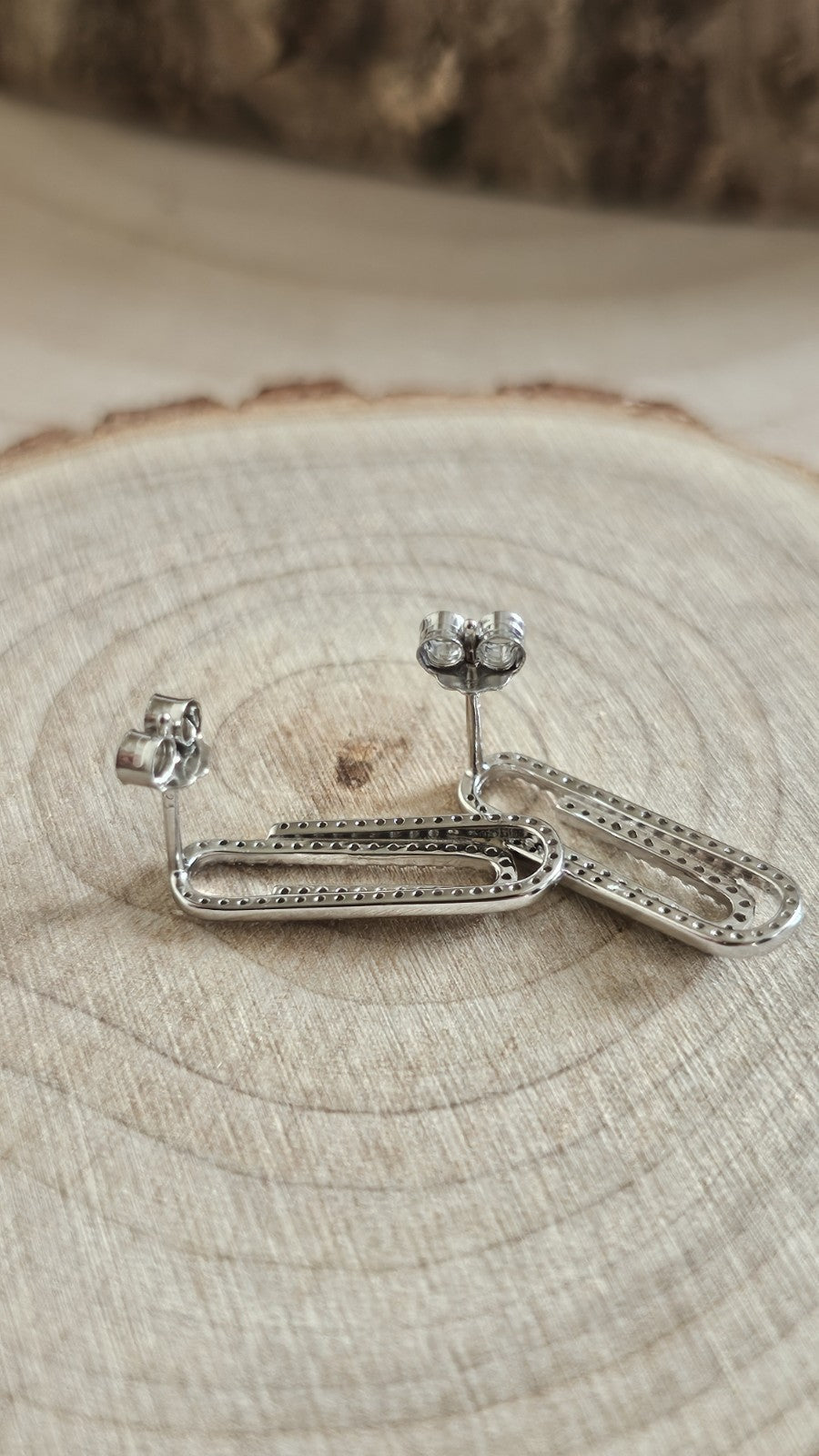 925 Sterling Silver CZ Paperclip Stud Earrings Sparkling Link Design