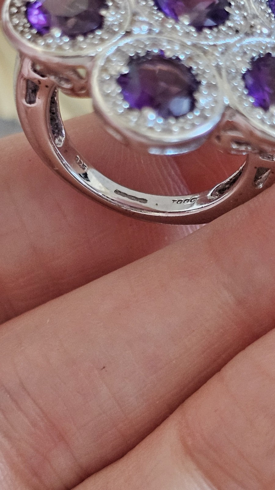 TGGC 925 Sterling Silver Amethyst Zircon Cluster Ring Size N 1/2 10.17g