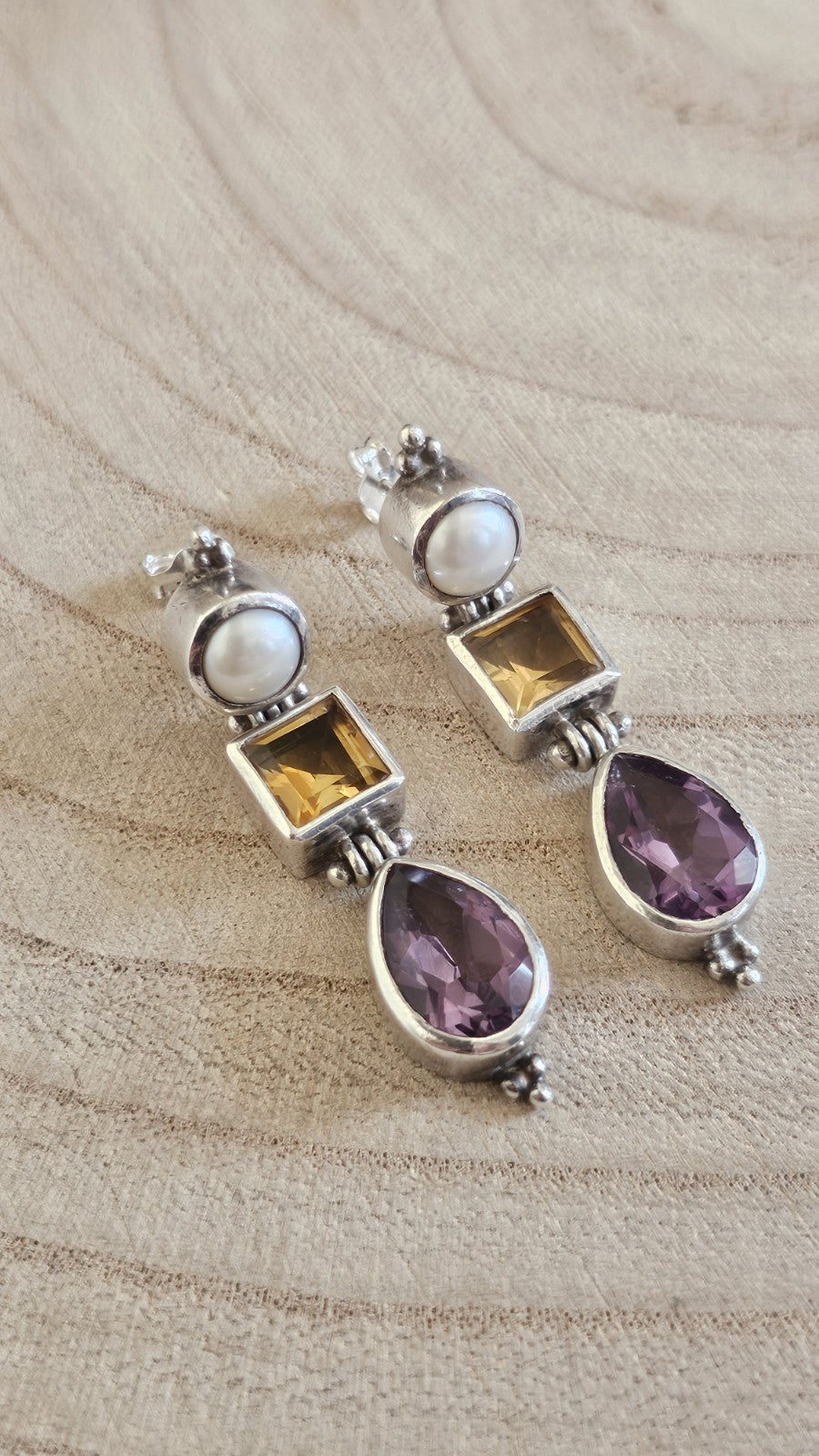 Vintage 925 Sterling Silver Pearl Citrine Amethyst Drop Earrings 12.12g