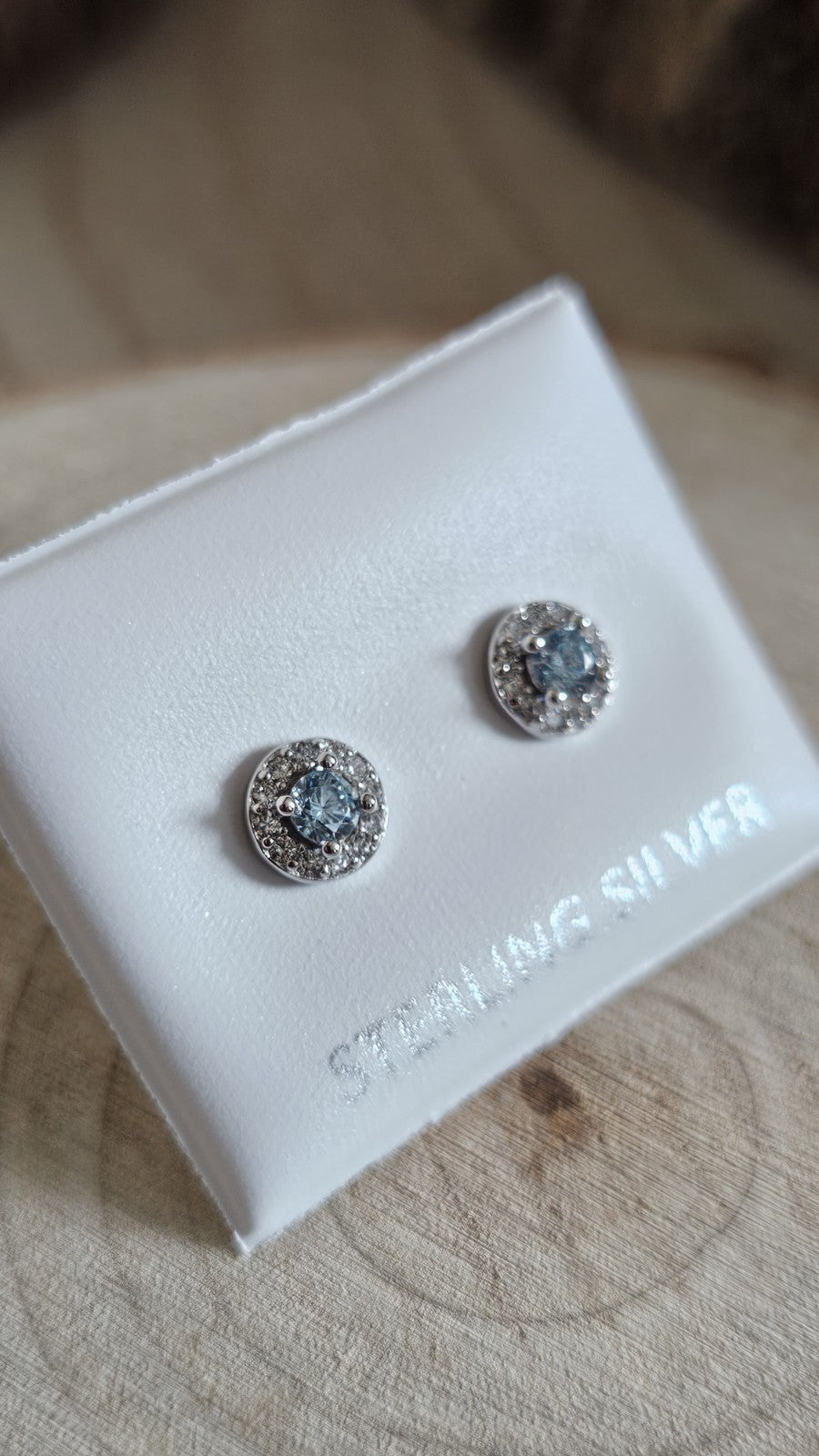 925 Sterling Silver Blue Topaz CZ Halo Stud Earrings Rhodium Plated 6mm New