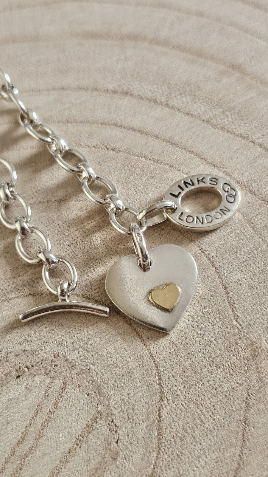 Links of London 925 Sterling Silver Heart Charm Bracelet 7.5” Toggle