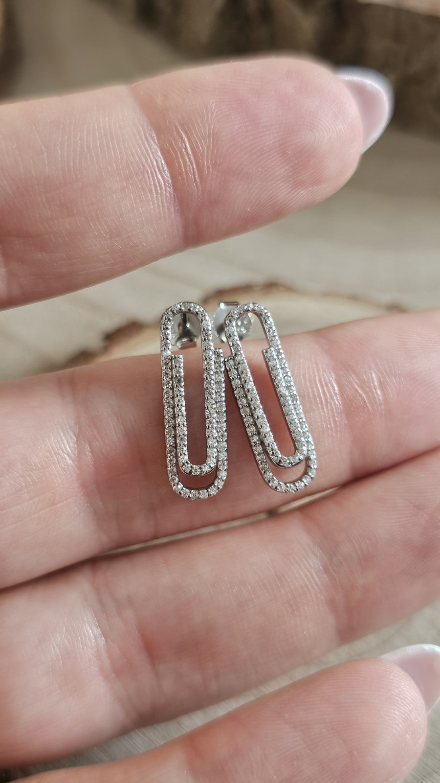 925 Sterling Silver CZ Paperclip Stud Earrings Sparkling Link Design