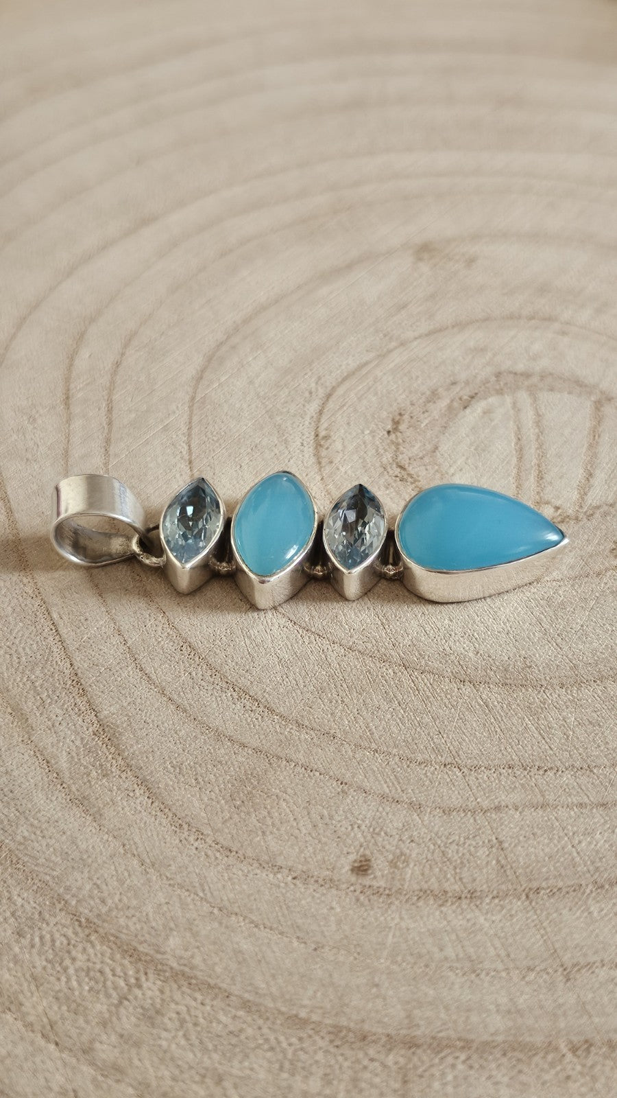 925 Sterling Silver Blue Chalcedony & Blue Topaz Gemstone Pendant – Length 62mm