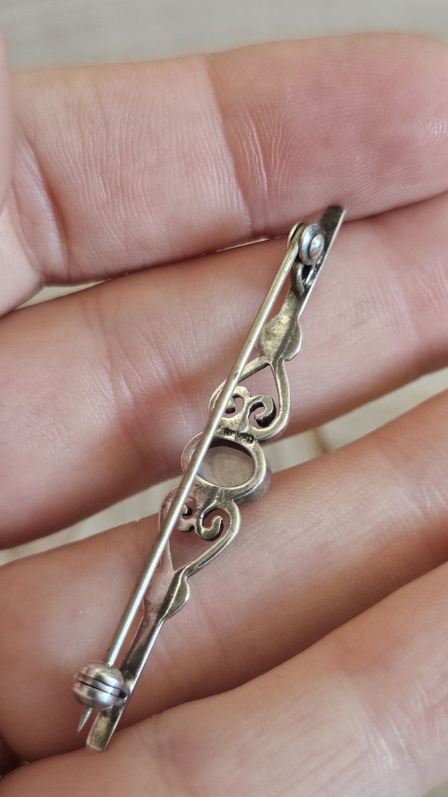 Vintage Silver Moonstone Bar Brooch Heart Scroll Design Stamped SILVER 54mm