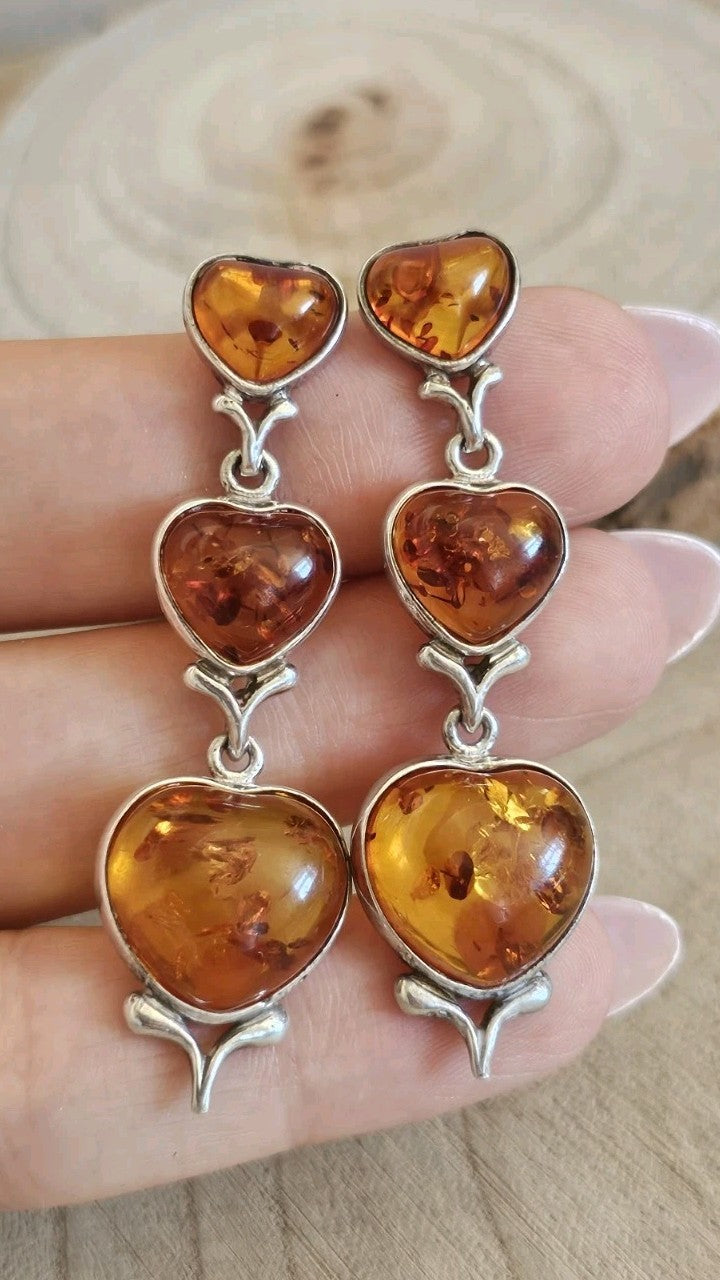 925 Sterling Silver Amber Heart Drop Earrings 3 Stone Dangle 9.37g