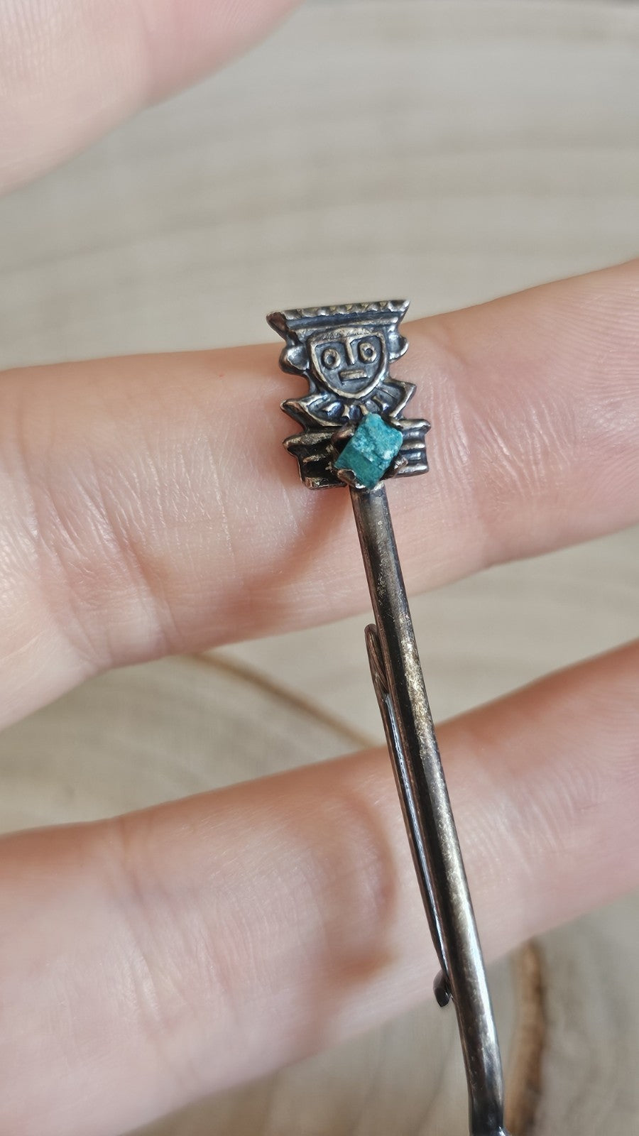 Vintage 900 Silver Spoon Brooch Turquoise Stone Figural Pin 3.28g 64mm