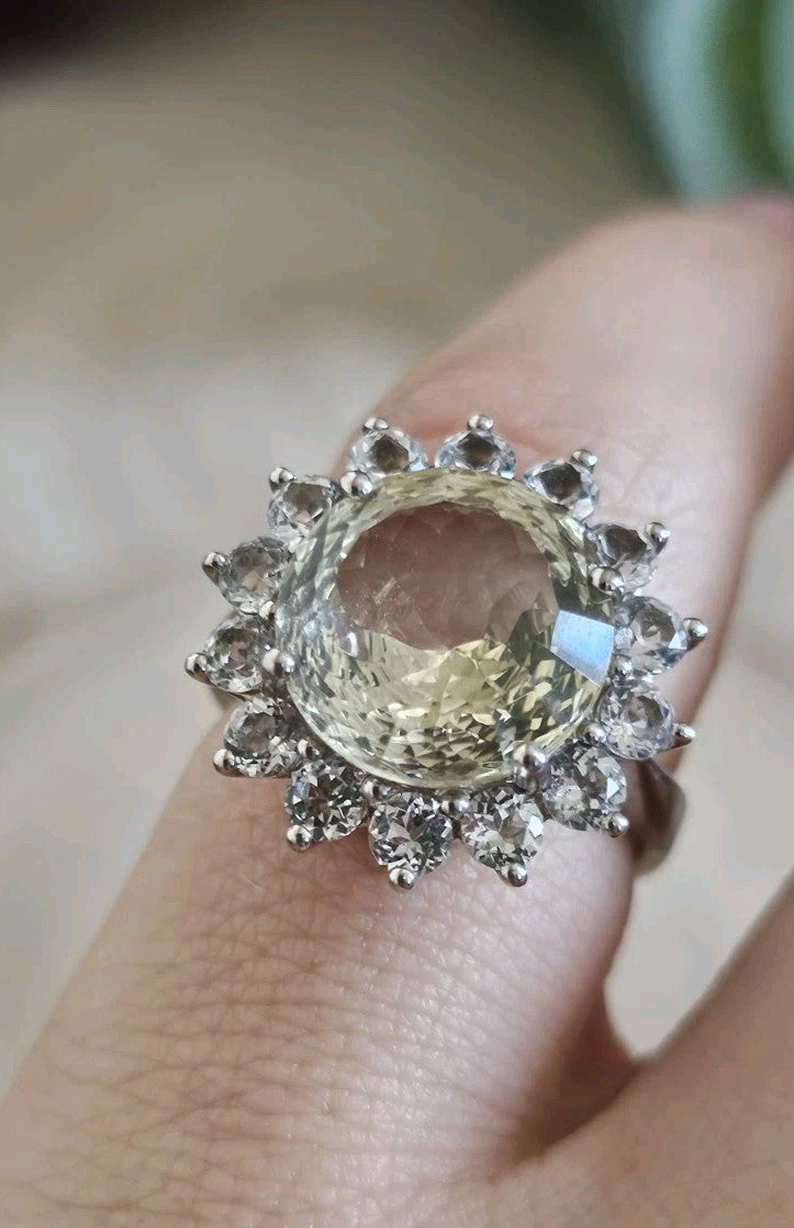 TGGC 925 Sterling Silver Green Amethyst/Prasiolite Halo Ring, Size N 1/2