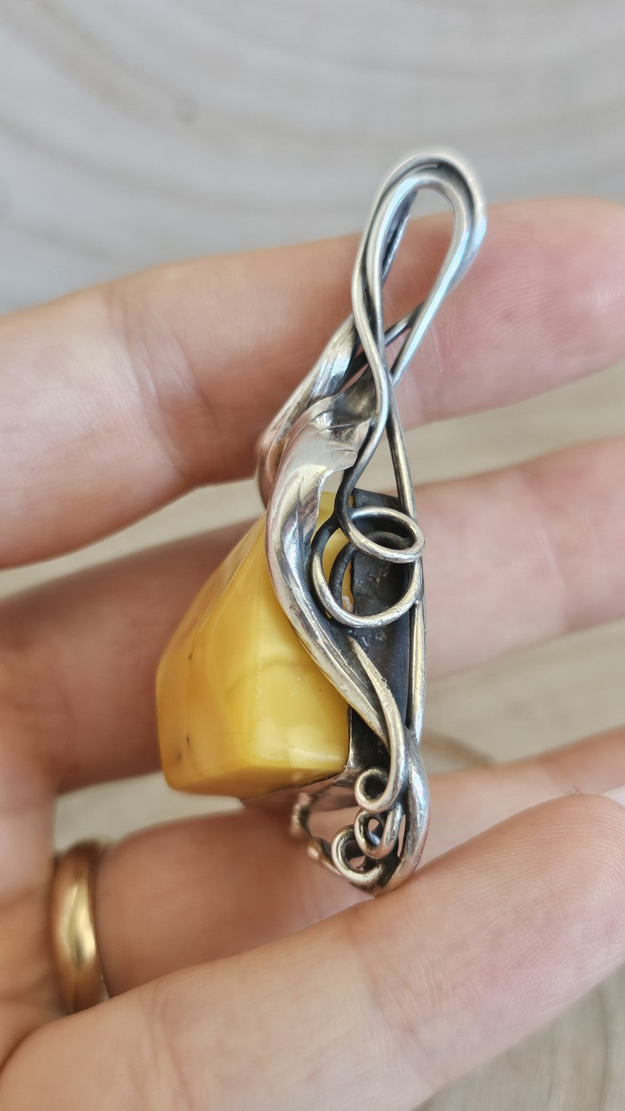 925 Sterling Silver Yellow Amber Large Pendant Art Nouveau Floral Hallmarked