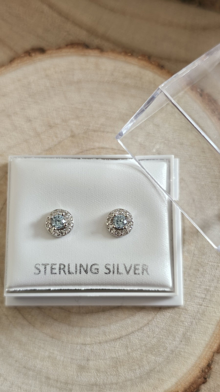 925 Sterling Silver Blue Topaz CZ Halo Stud Earrings Rhodium Plated 6mm New