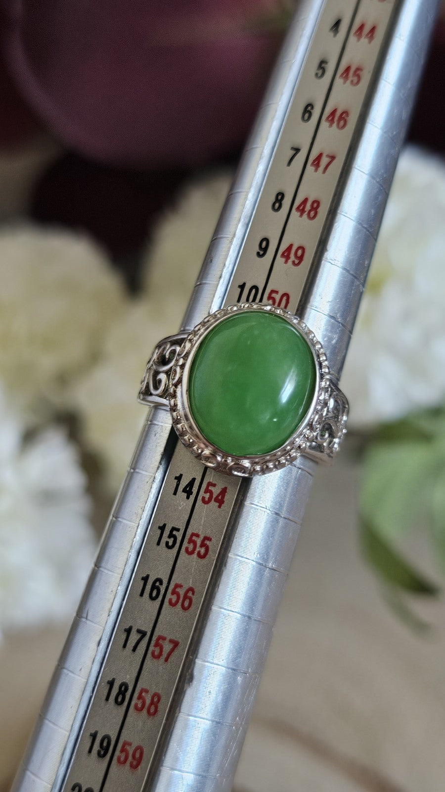 925 Sterling Silver Green Jade Oval Ring Size L 1/2 Ornate Scroll 4.92g
