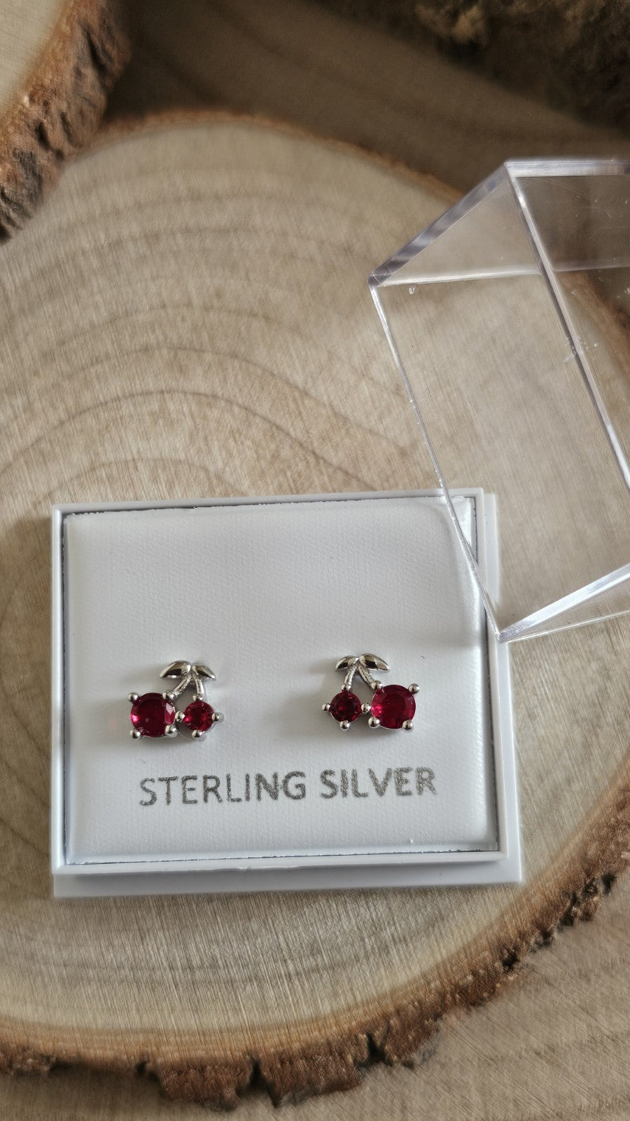 925 Sterling Silver Red Stone Cherry Stud Earrings Rhodium Plated 7.5mm