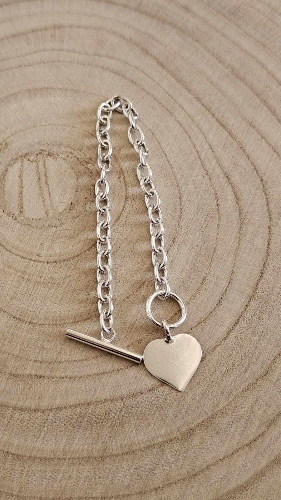 925 Sterling Silver Heart Charm Bracelet T-Bar Toggle 7.5" Hallmarked 15.58g