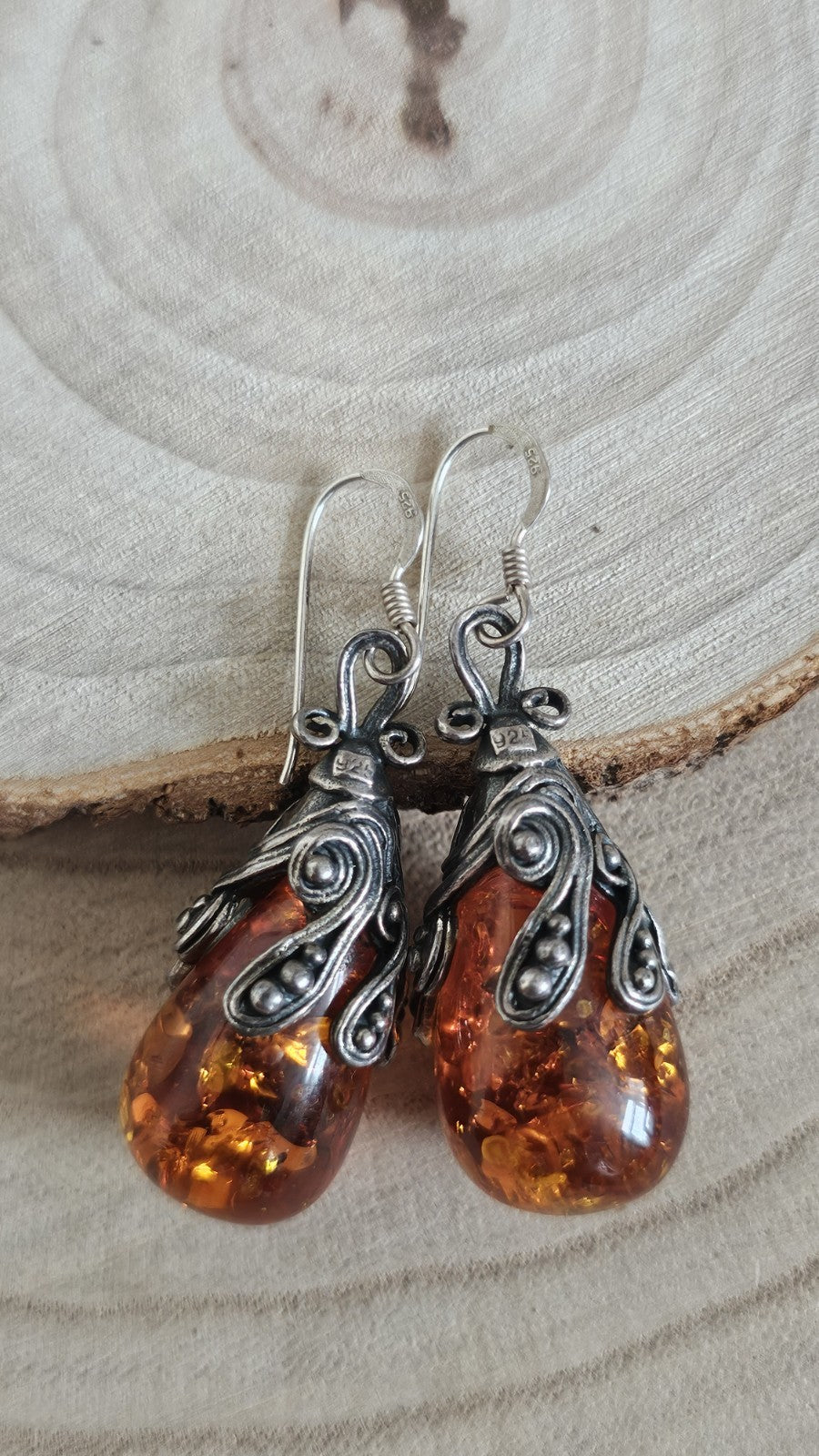 Vintage 925 Sterling Silver Amber Drop Earrings Ornate Dangle 13.57g
