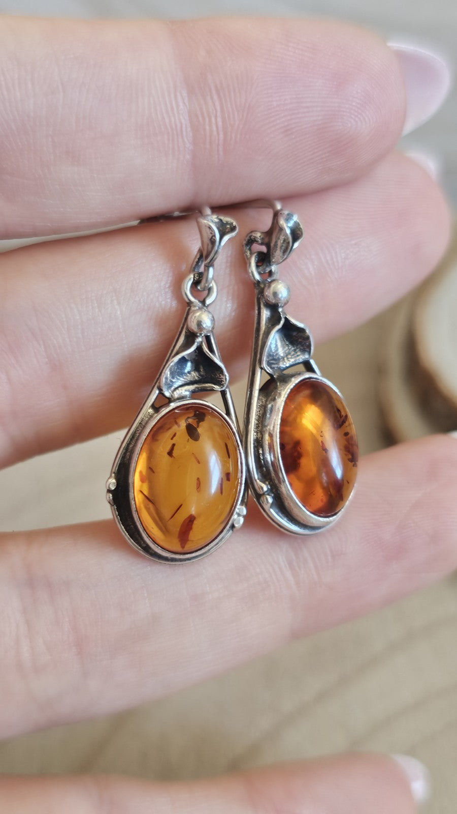 925 Sterling Silver Amber Drop Earrings Floral Design 7.14g 33mm