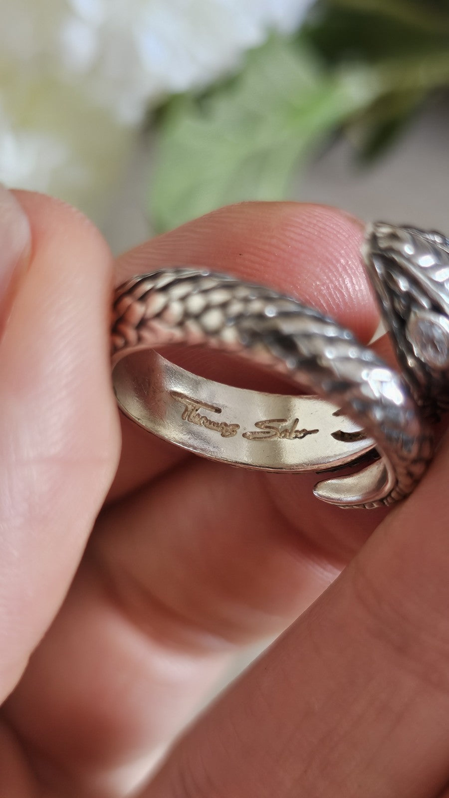 Thomas Sabo 925 Sterling Silver Snake Ring Clear Stone Eyes Size P 1/2 9.19