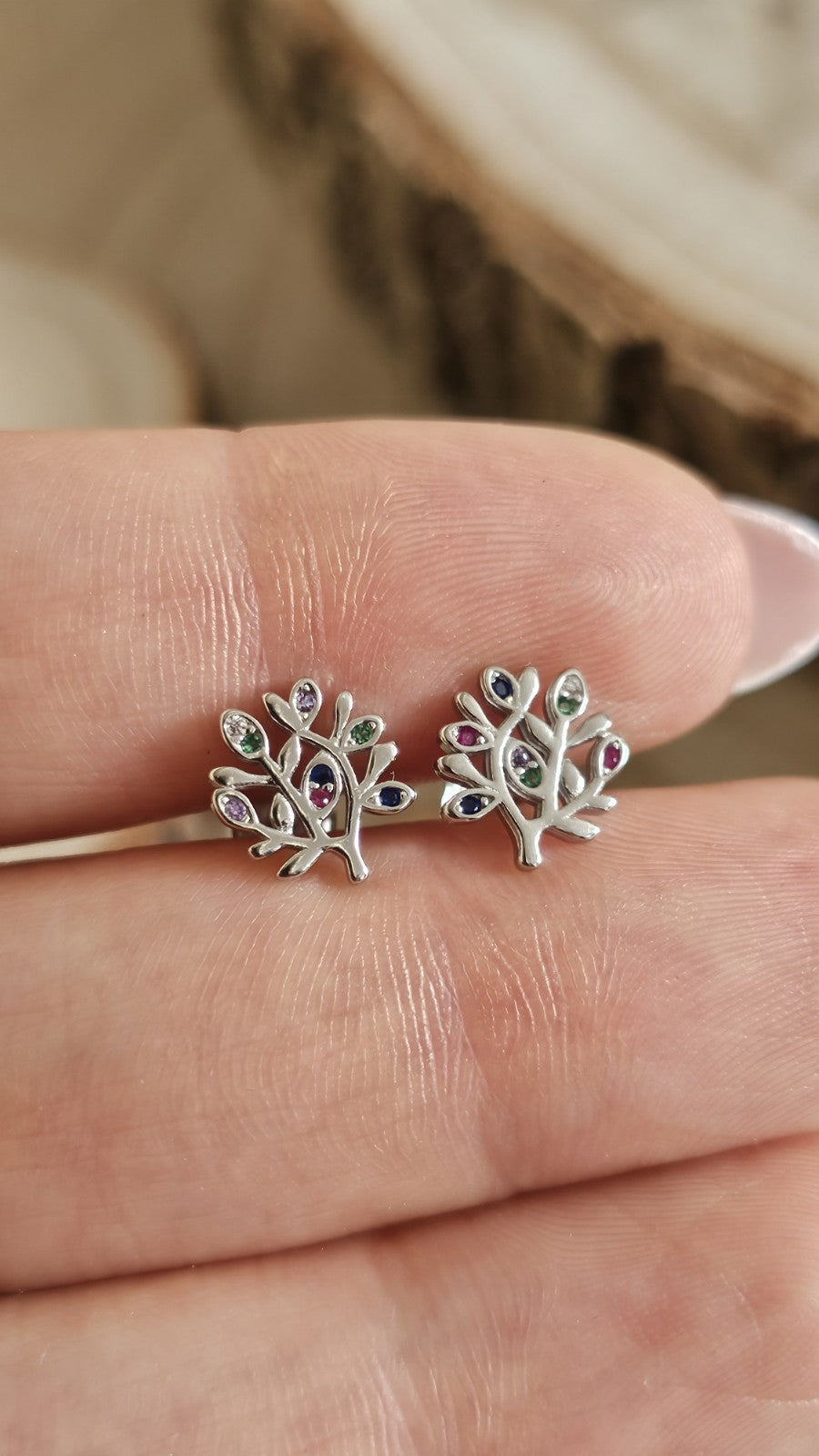 925 Sterling Silver Multicoloured CZ Tree Stud Earrings 10mm, New Boxed