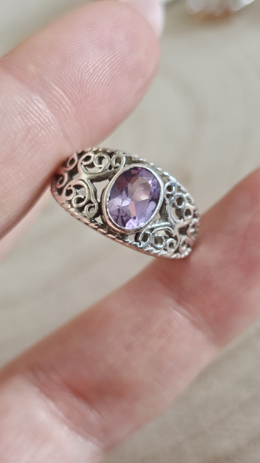 925 Sterling Silver Amethyst Filigree Statement Ring – Size M – 5.51g