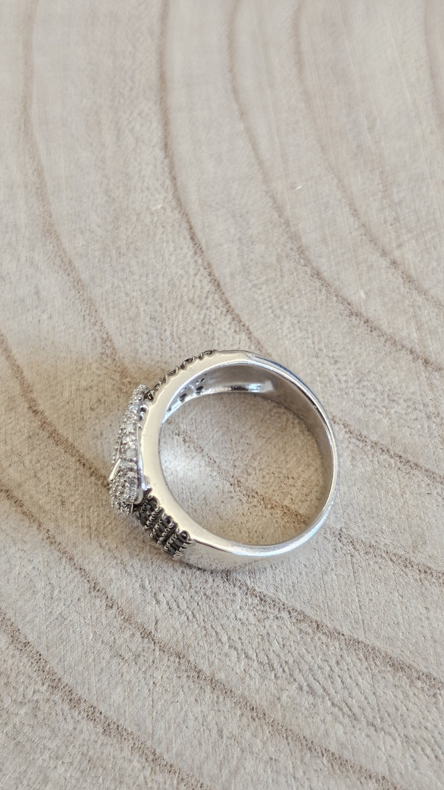 Sterling Silver Natural Black & Clear Diamond Buckle Ring Size N 1/2