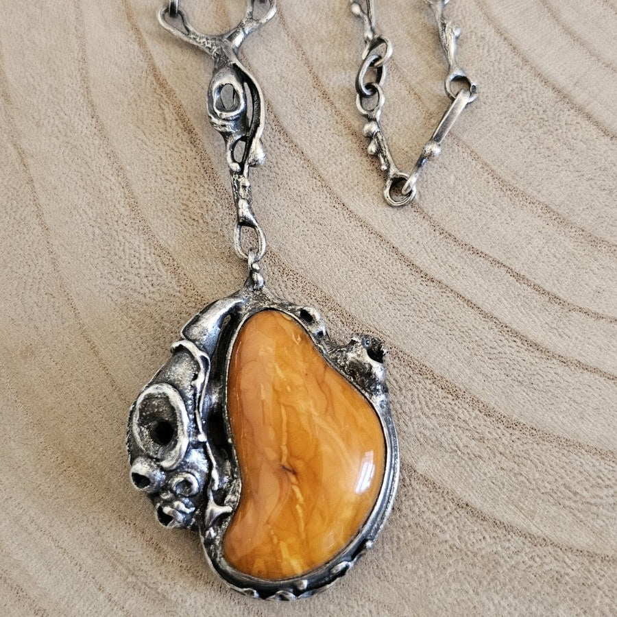 Vintage Polish 800 Silver Amber Brutalist Pendant Necklace TMS Warsaw, 37g