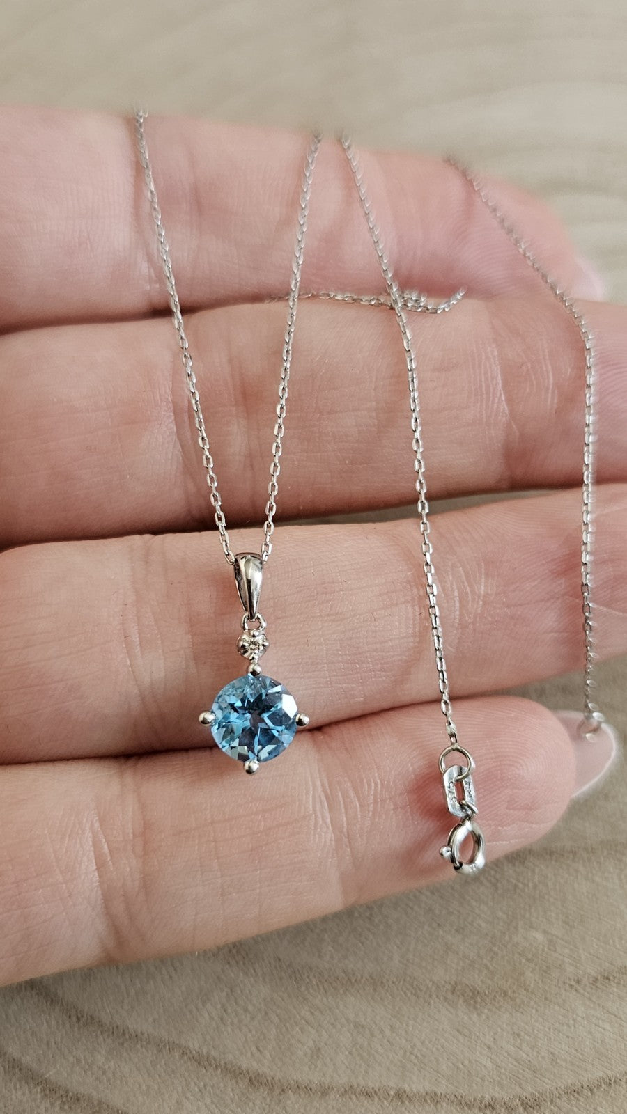 9ct White Gold Natural Blue Topaz & Diamond Pendant Necklace – 18 Inches