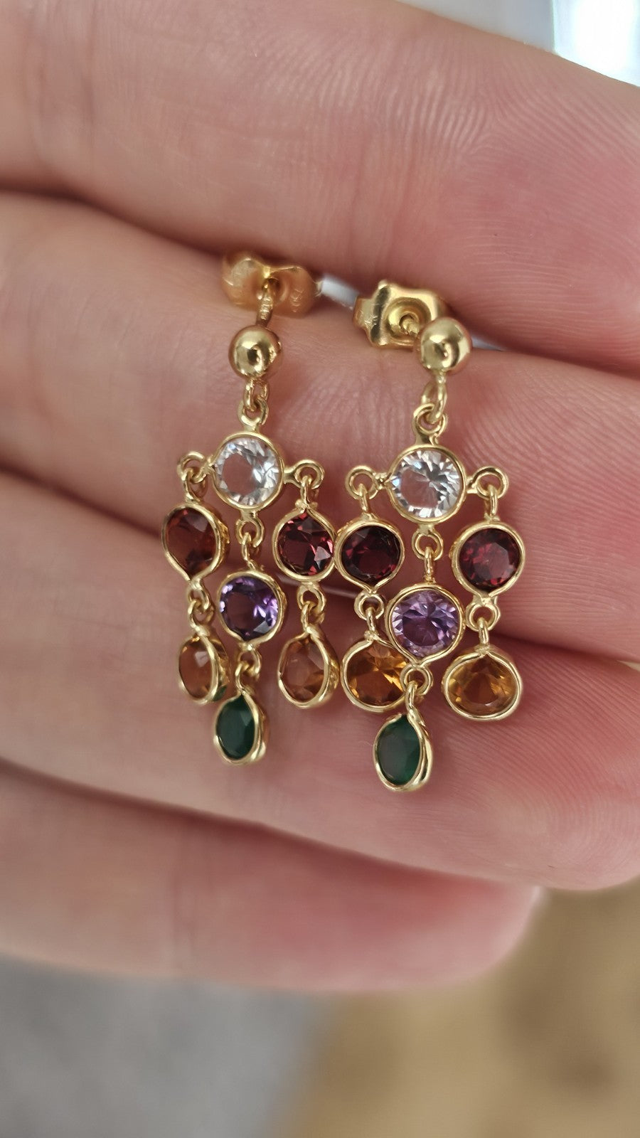 18ct Yellow Gold Multi Gemstone Chandelier Drop Earrings 3g Hallmarked