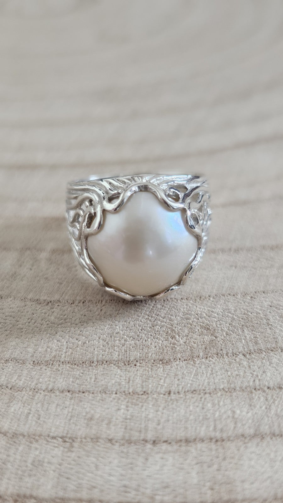 Vintage 925 Sterling Silver Large Pearl Statement Ring – Size R 1/2 – 7.59g