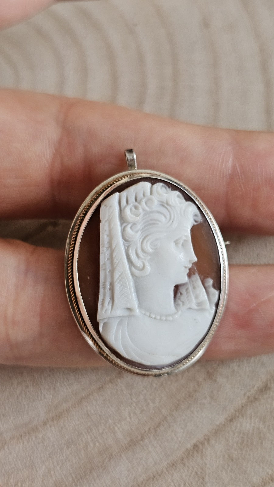Vintage 925 Sterling Silver Carved Shell Cameo Brooch Pendant Convertible 5.37g