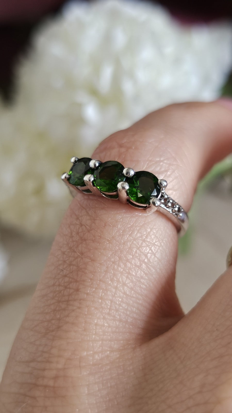 925 Sterling Silver Chrome Diopside Trilogy Ring Size L 1/2 TGGC 2.56g